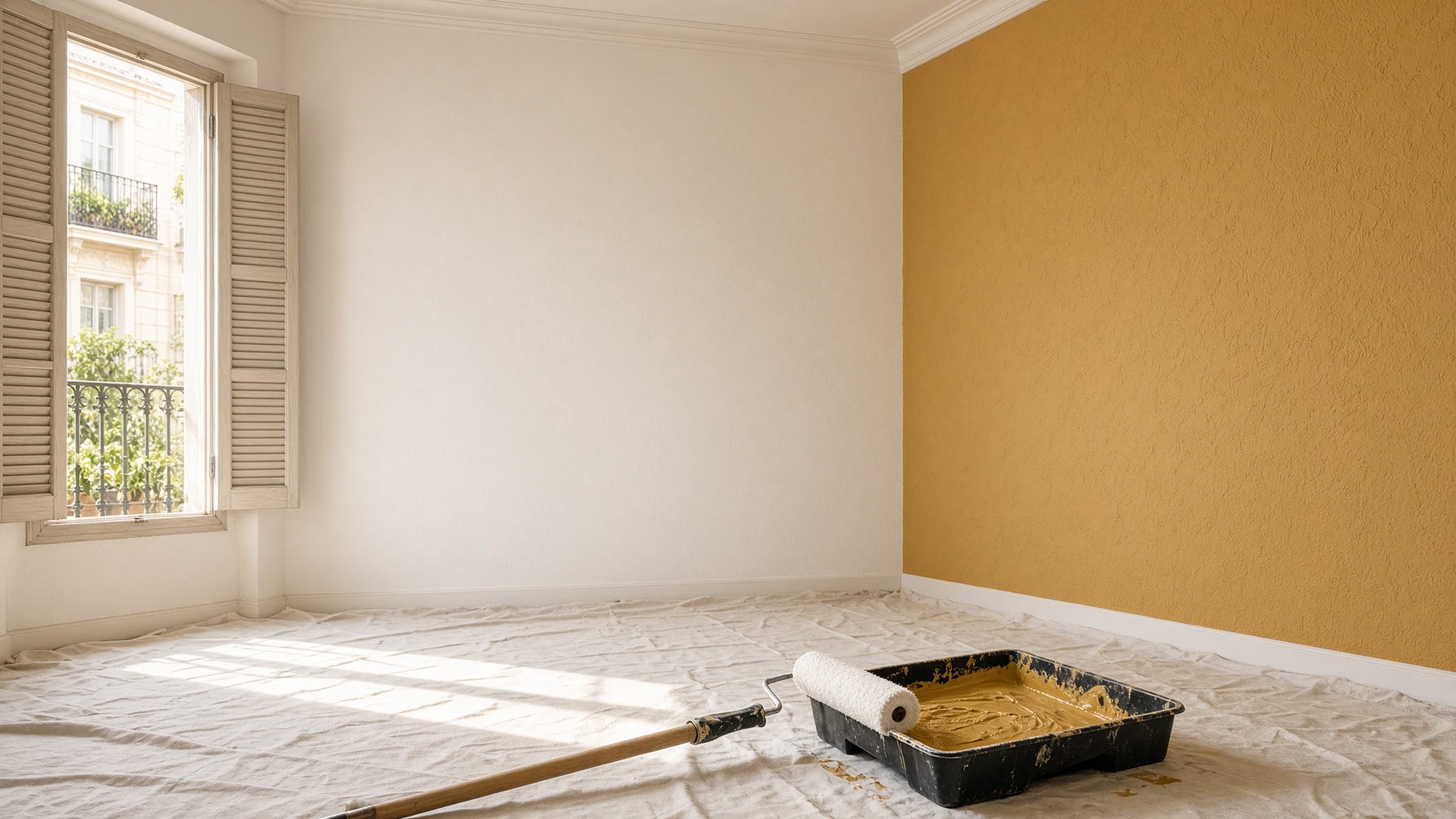 Habitación sevillana con pared recién pintada